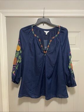crown  & ivy Navy Embroidered Pineapple Peasant Top XXL NWT